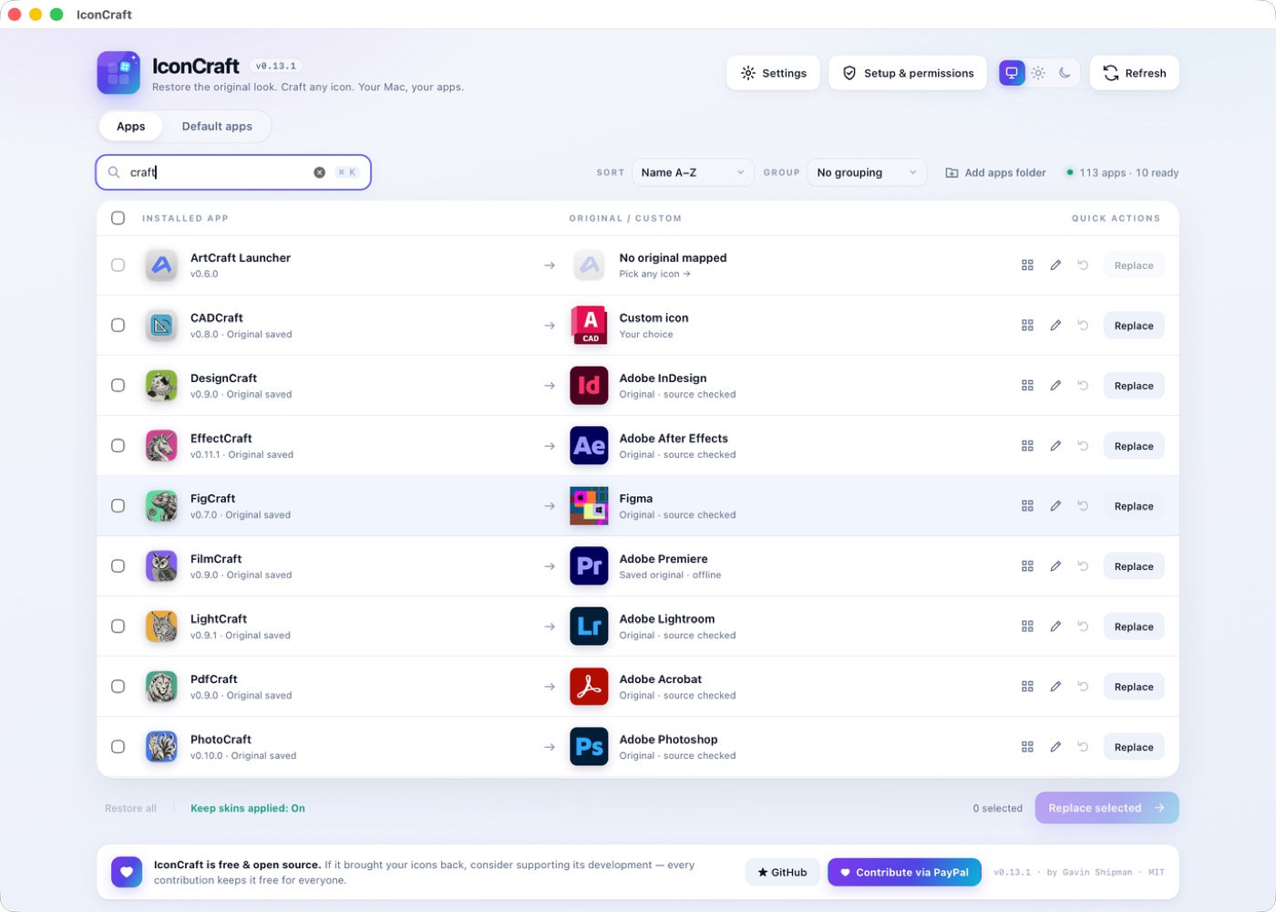 App list with current icons on the left and original or custom icons on the right