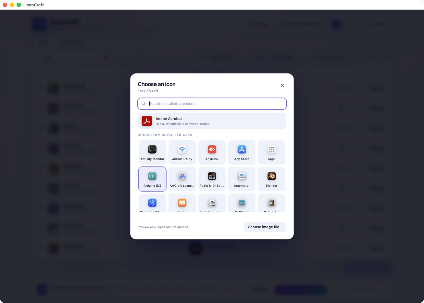 Icon picker showing the discovered original and a grid of donor app icons